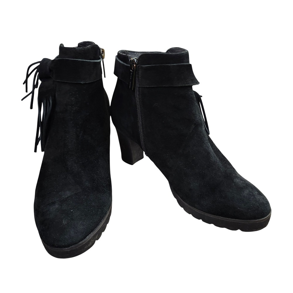 Sacha London Black Suede Tie Fringe Heeled Ankle Boots Side Zip Women Sz 9